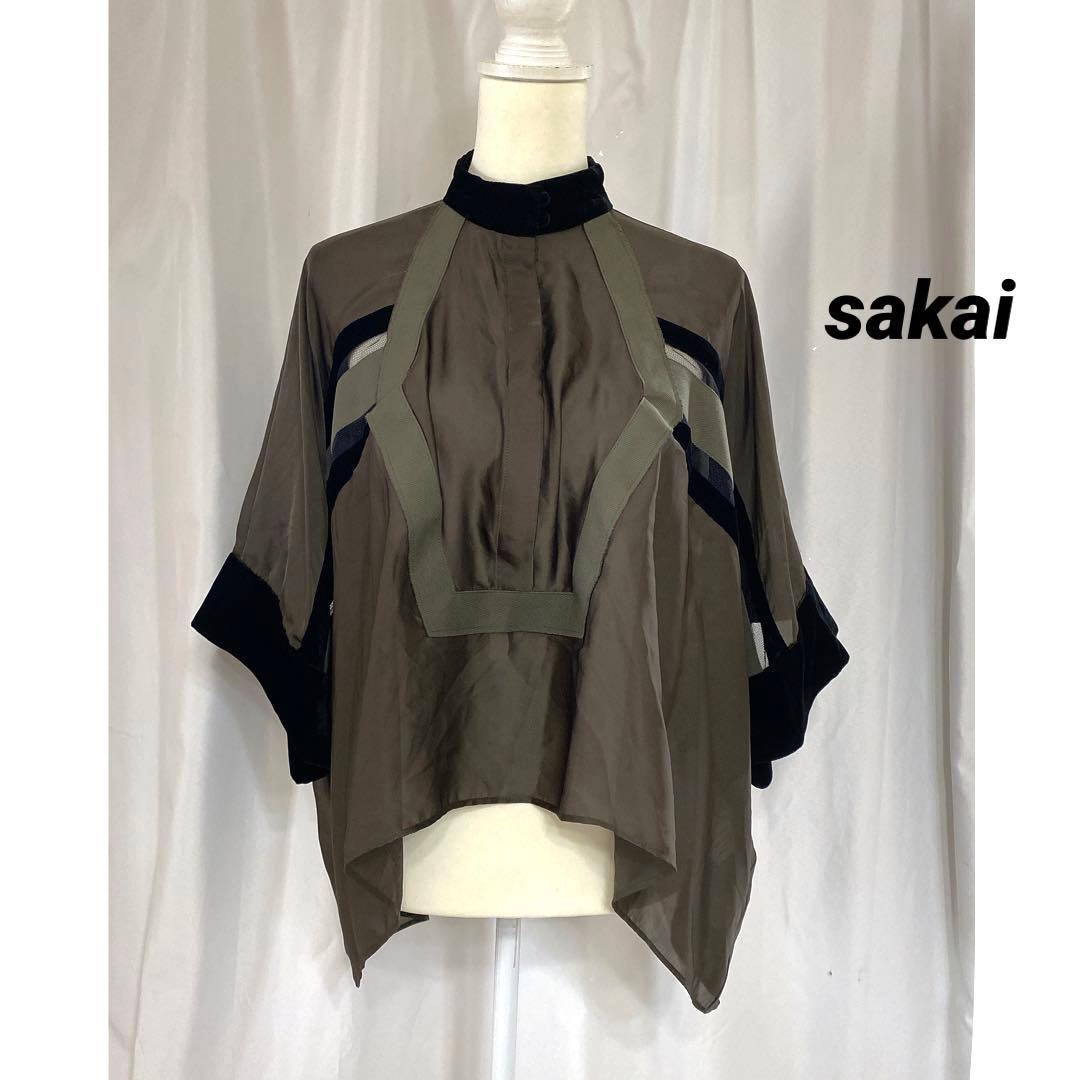 sakai サカイ ベロア切り替え メッシュ スリーヴ オーバーブラウス