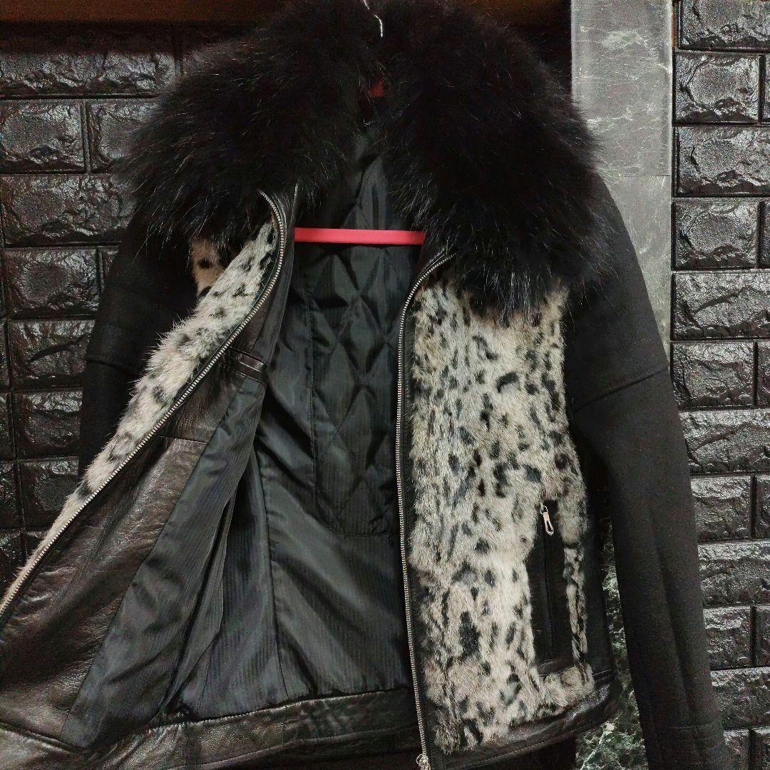 よ　美品５３５１プールオム 羊革×ラビットファージャケットラクーンファーＭ