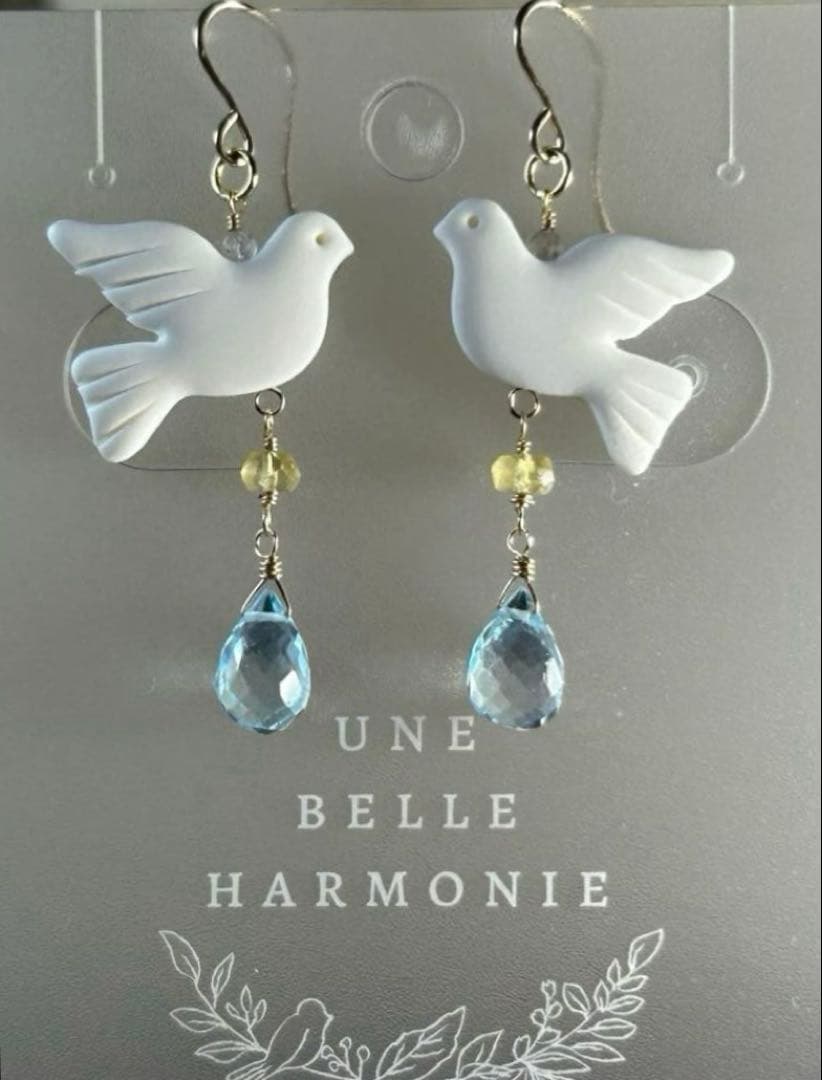 作家様の平和の鳩　ブルートパーズ＆ヘリオドールのピアス他　14kgf