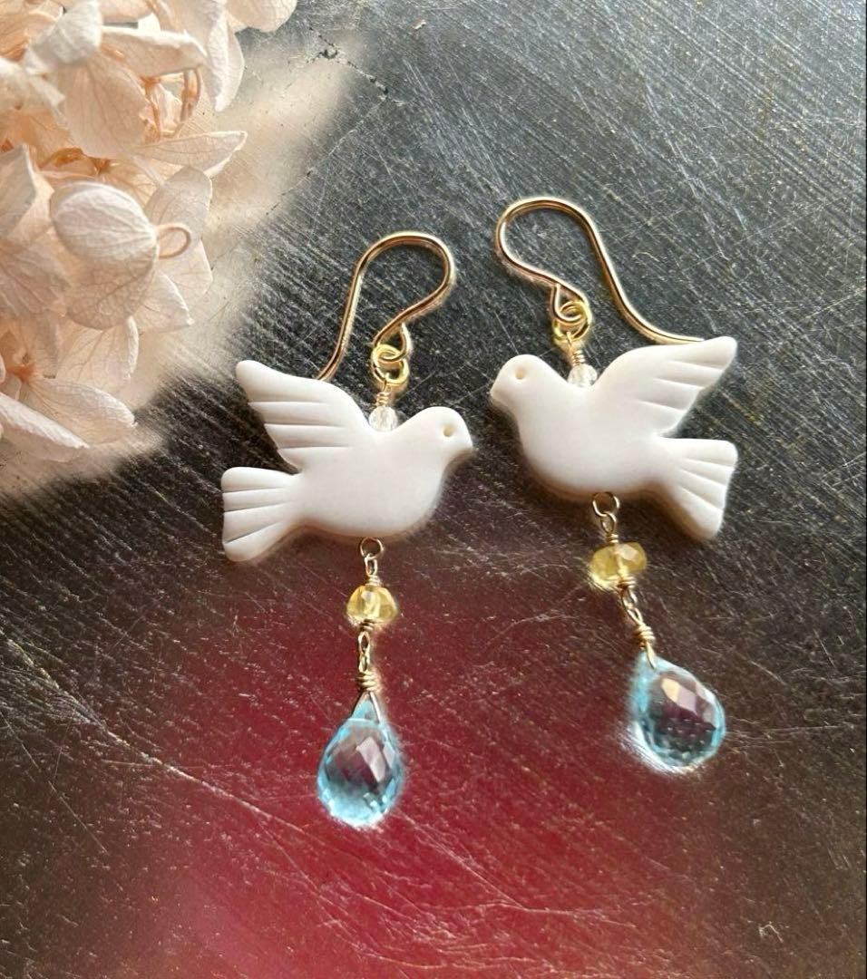 作家様の平和の鳩　ブルートパーズ＆ヘリオドールのピアス他　14kgf