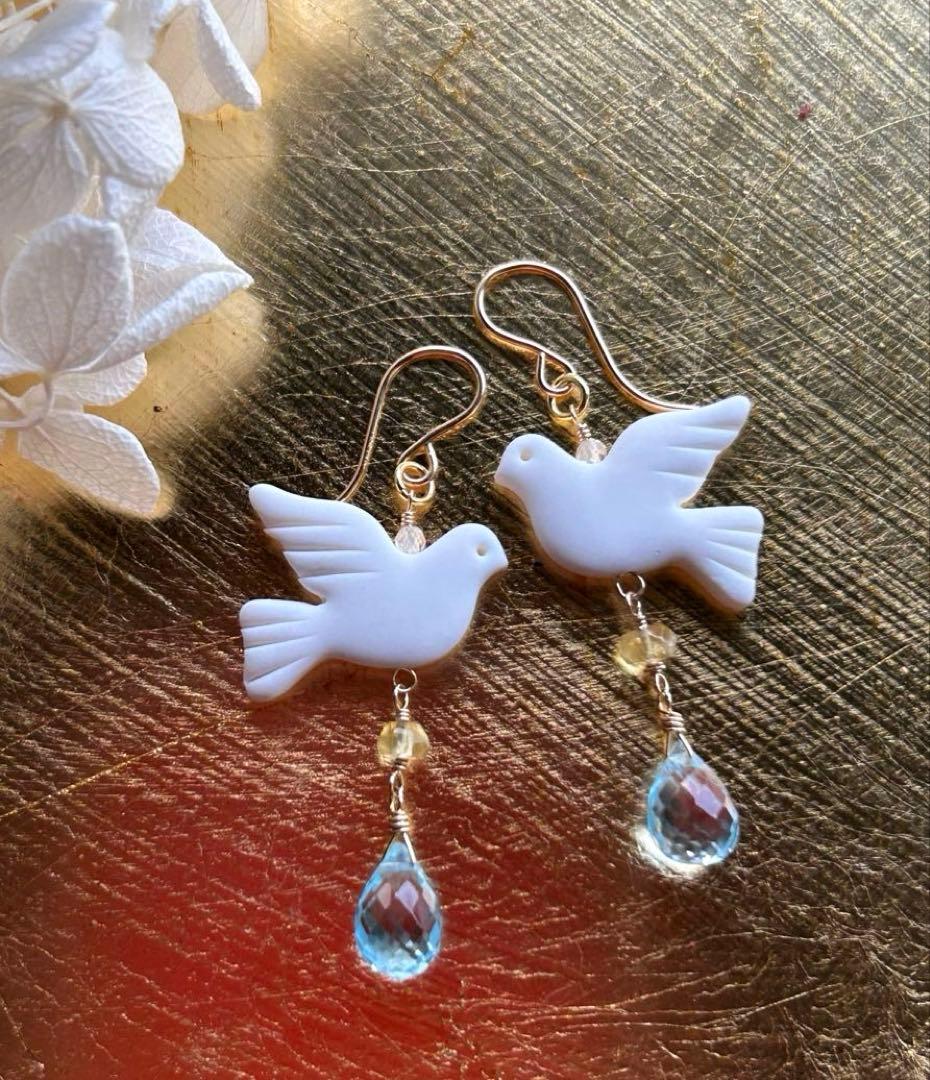 作家様の平和の鳩　ブルートパーズ＆ヘリオドールのピアス他　14kgf