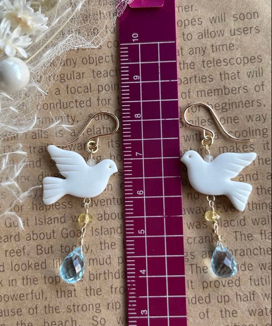 作家様の平和の鳩　ブルートパーズ＆ヘリオドールのピアス他　14kgf