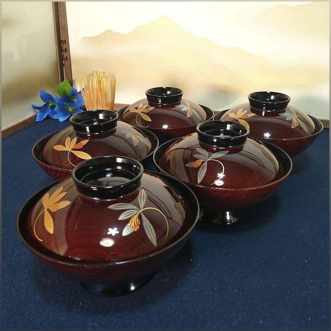 AH14 輪島塗 欅製 吸物椀五客 蓋付椀 木製漆塗 金蒔絵 お椀 ケヤ木