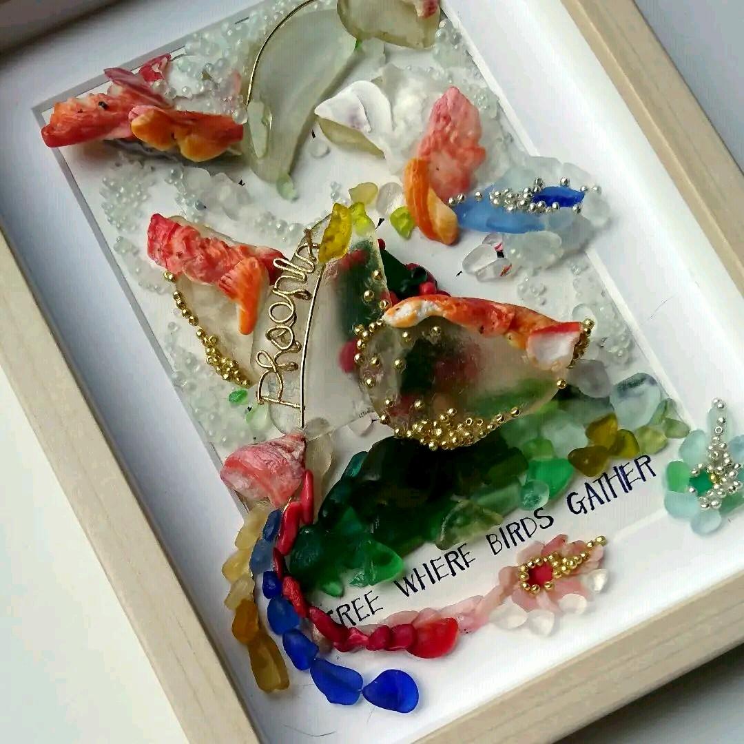 シーグラスアート< 3D フェニックス(鳳凰)>レア 置物 一点もの 森 鳥