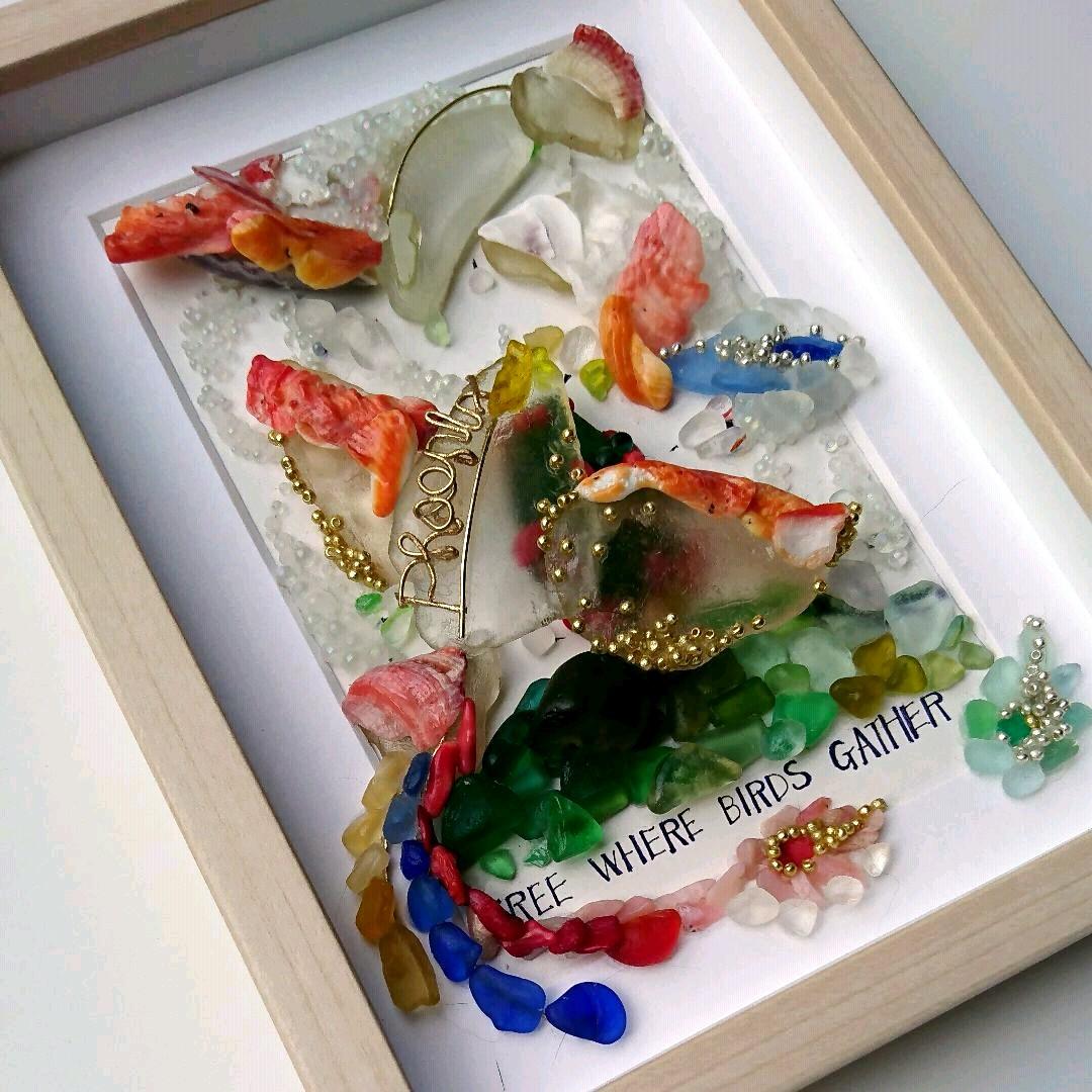 シーグラスアート< 3D フェニックス(鳳凰)>レア 置物 一点もの 森 鳥