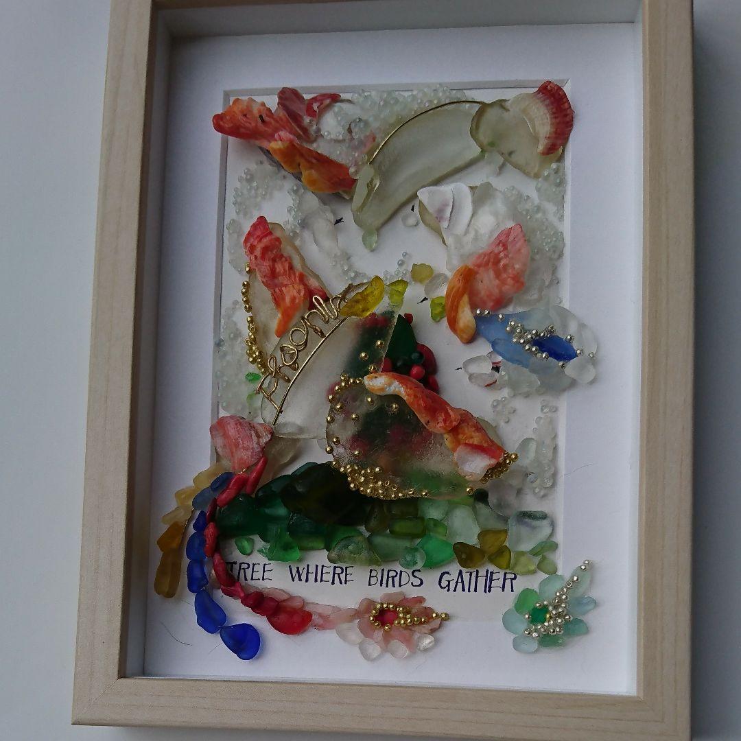 シーグラスアート< 3D フェニックス(鳳凰)>レア 置物 一点もの 森 鳥