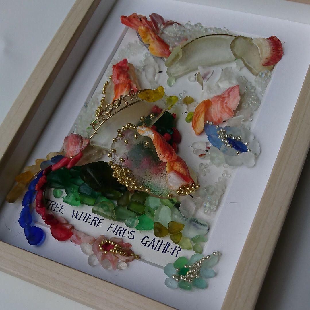 シーグラスアート< 3D フェニックス(鳳凰)>レア 置物 一点もの 森 鳥