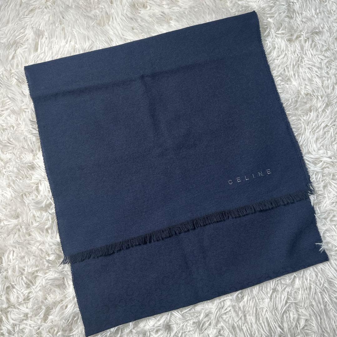 希少 CELINE ネイビー マフラー ストール フリンジ付き Cマカダム柄