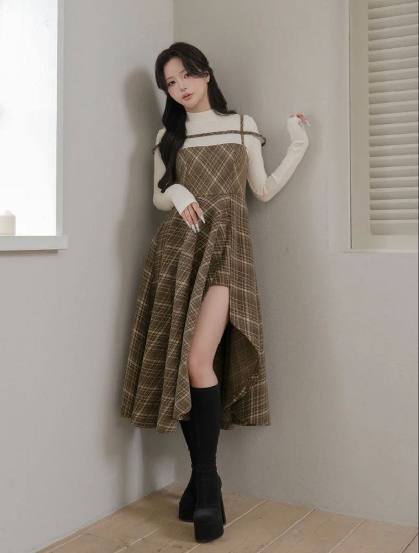 ダーリッチ Darich レイヤードチェックイレヘムミディワンピース