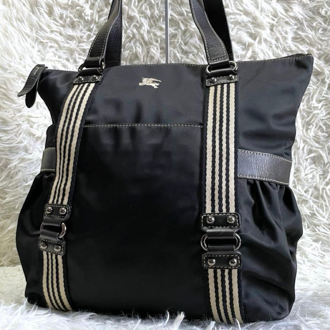 BURBERRY レザーハンドル ナイロントートバッグ ホースロゴ刺繍 ブラック