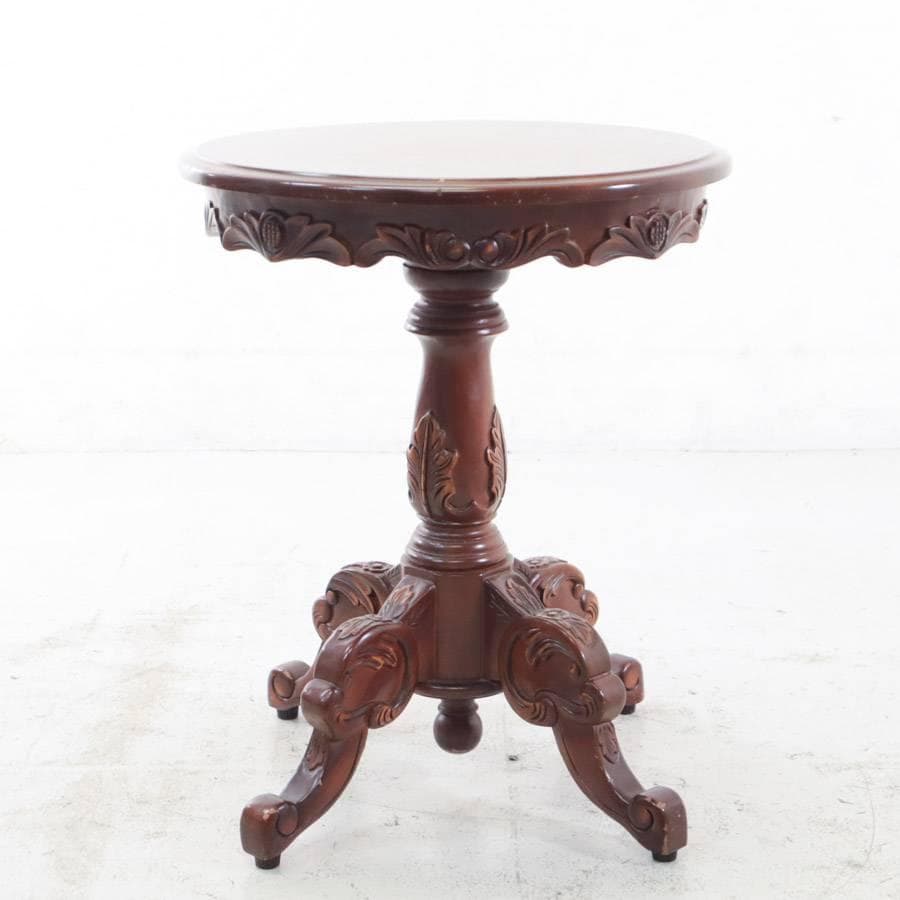 ヨーロピアンアンティーク調 マホガニー サイドテーブル 彫刻 ラウンテーブル
