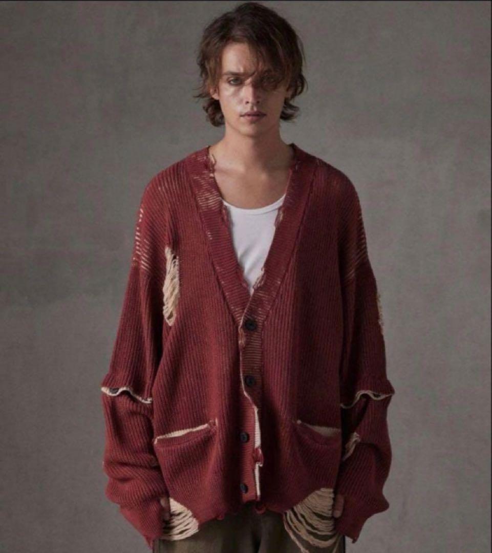 【GRANCY】 Lサイズ ディストラクションデザインビッグカーディガン 赤