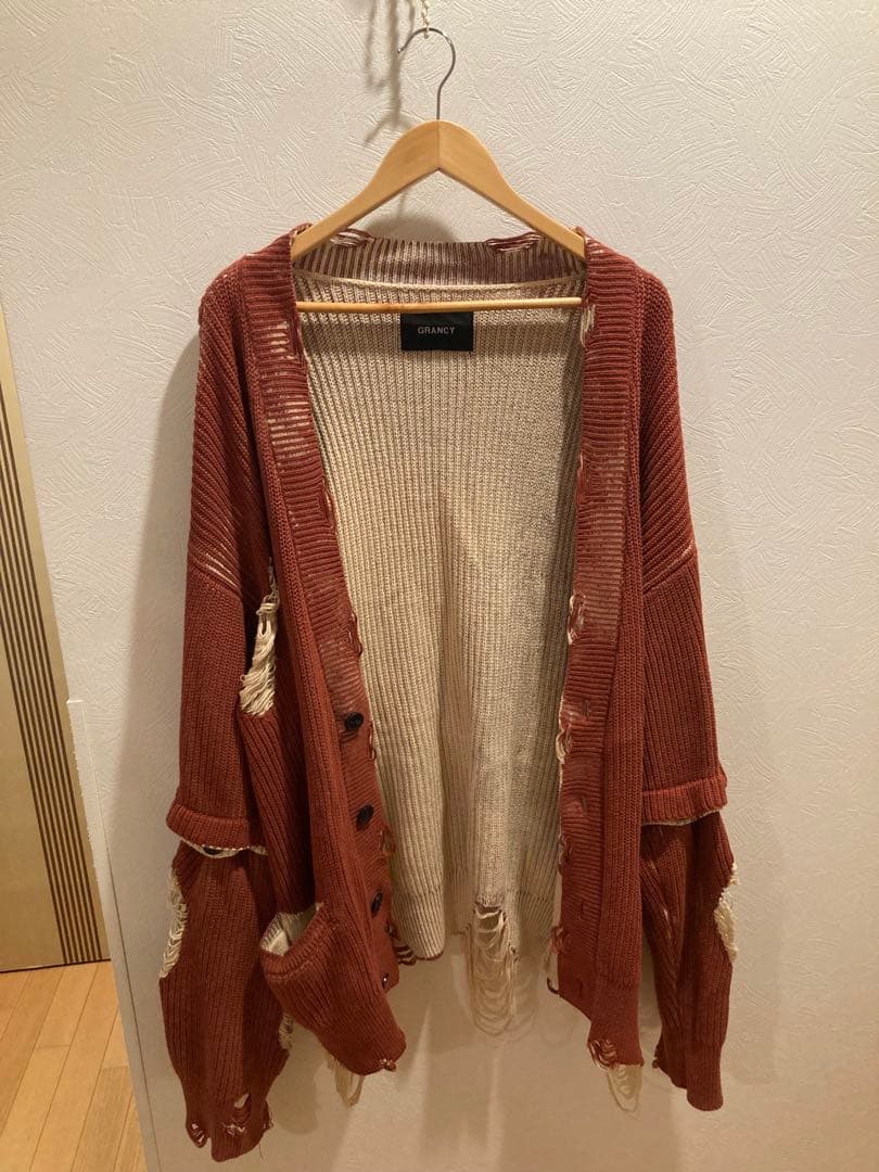 【GRANCY】 Lサイズ ディストラクションデザインビッグカーディガン 赤