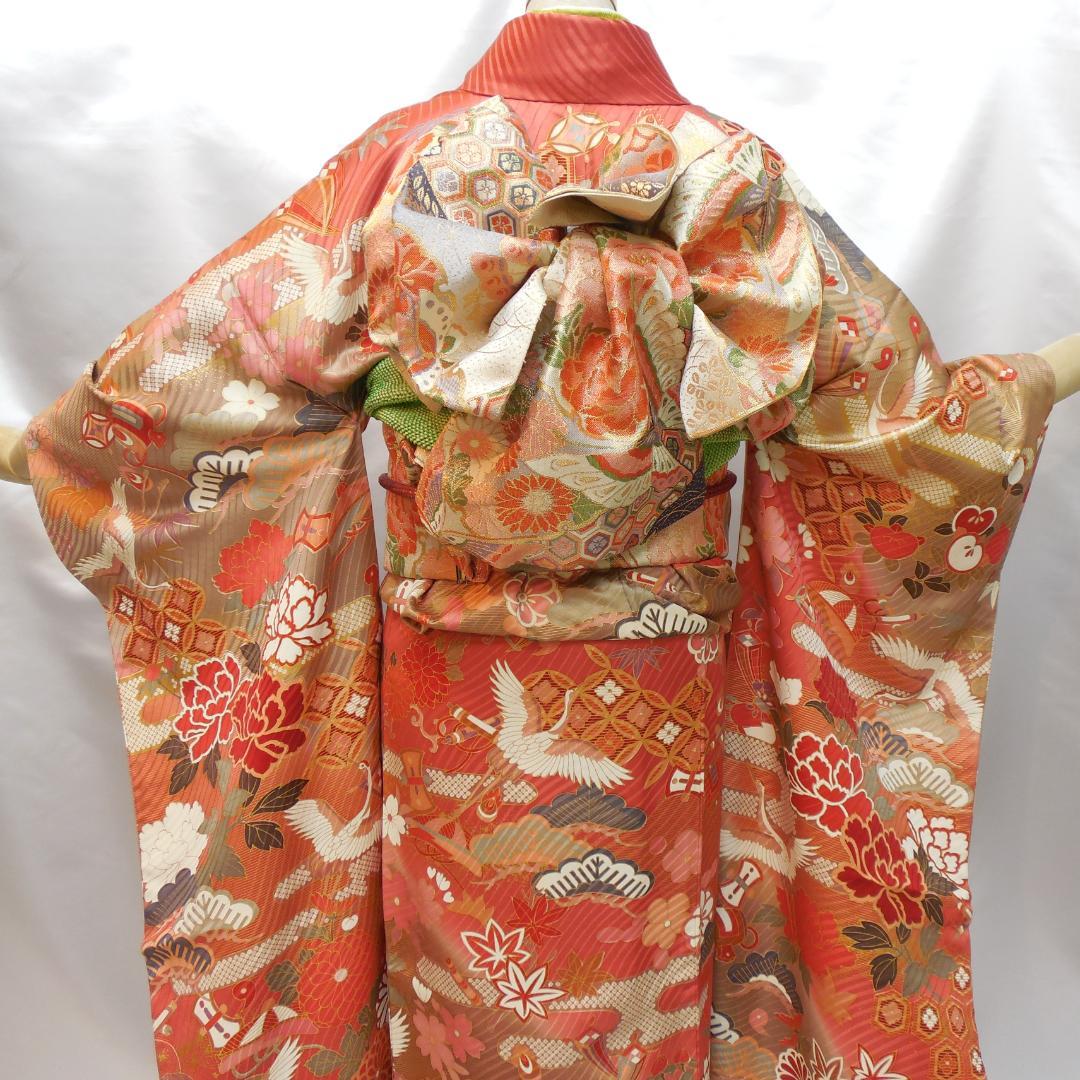 未使用品★振袖フルセット　正絹　成人式　振袖　7点セット　Lサイズ　赤系　古典柄
