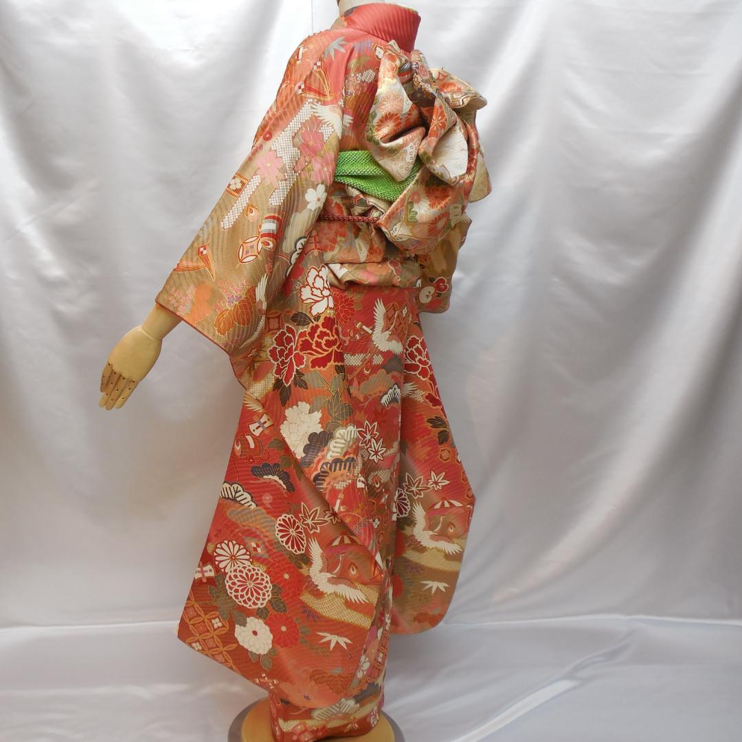 未使用品★振袖フルセット　正絹　成人式　振袖　7点セット　Lサイズ　赤系　古典柄