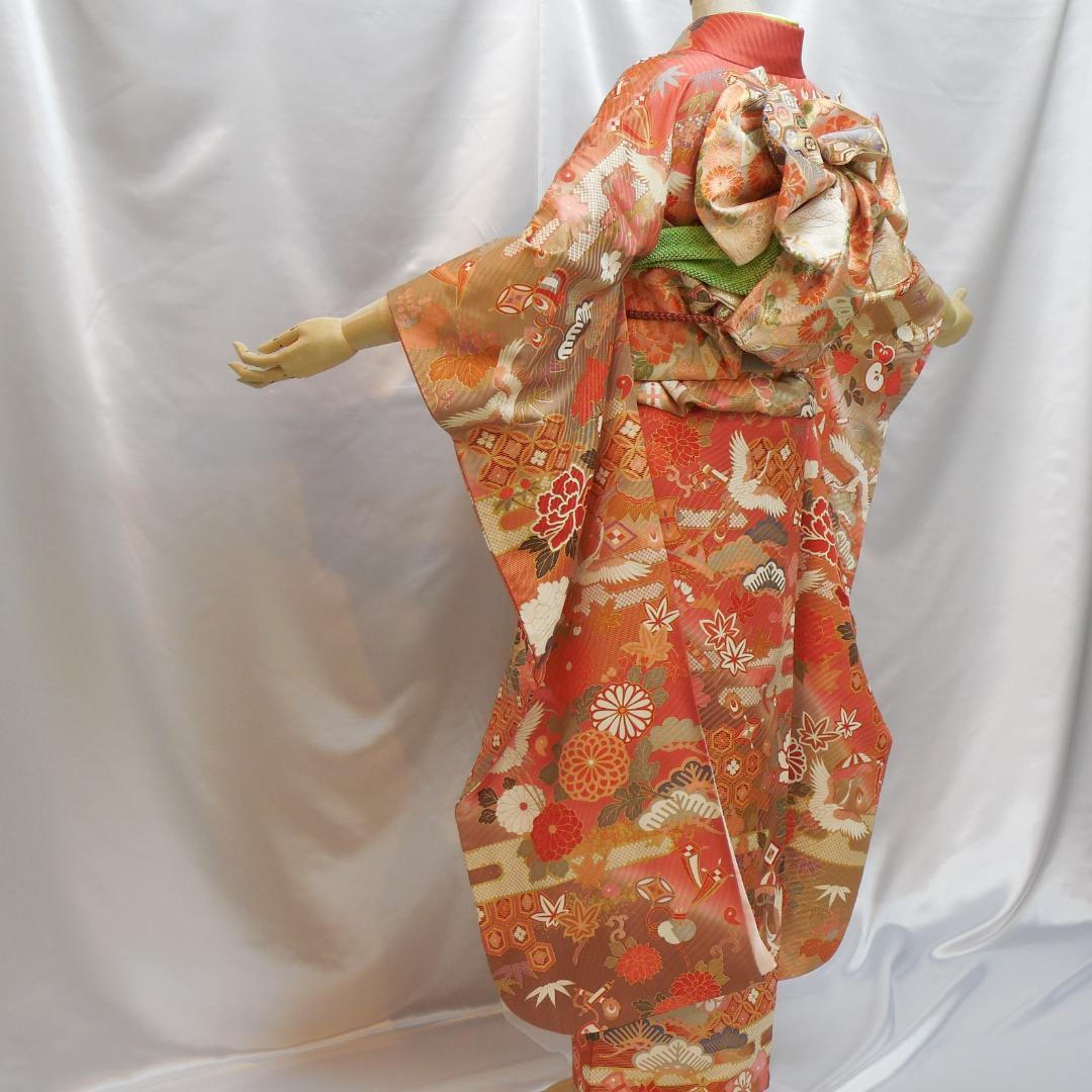 未使用品★振袖フルセット　正絹　成人式　振袖　7点セット　Lサイズ　赤系　古典柄