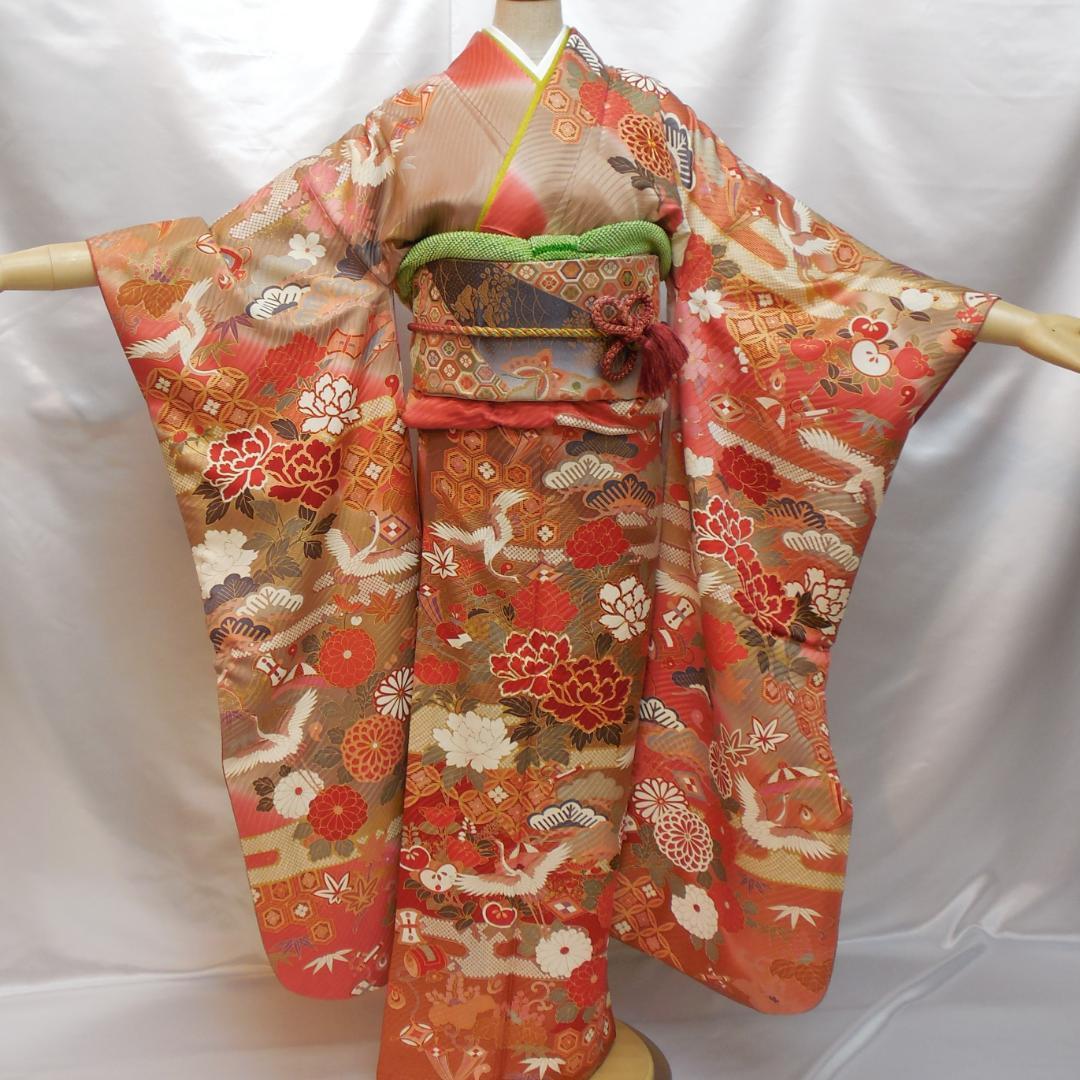 未使用品★振袖フルセット　正絹　成人式　振袖　7点セット　Lサイズ　赤系　古典柄