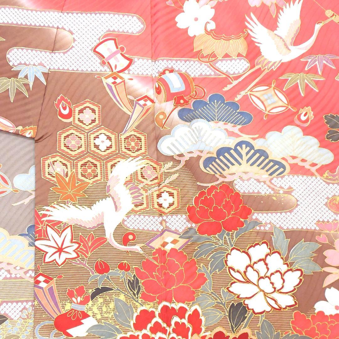 未使用品★振袖フルセット　正絹　成人式　振袖　7点セット　Lサイズ　赤系　古典柄