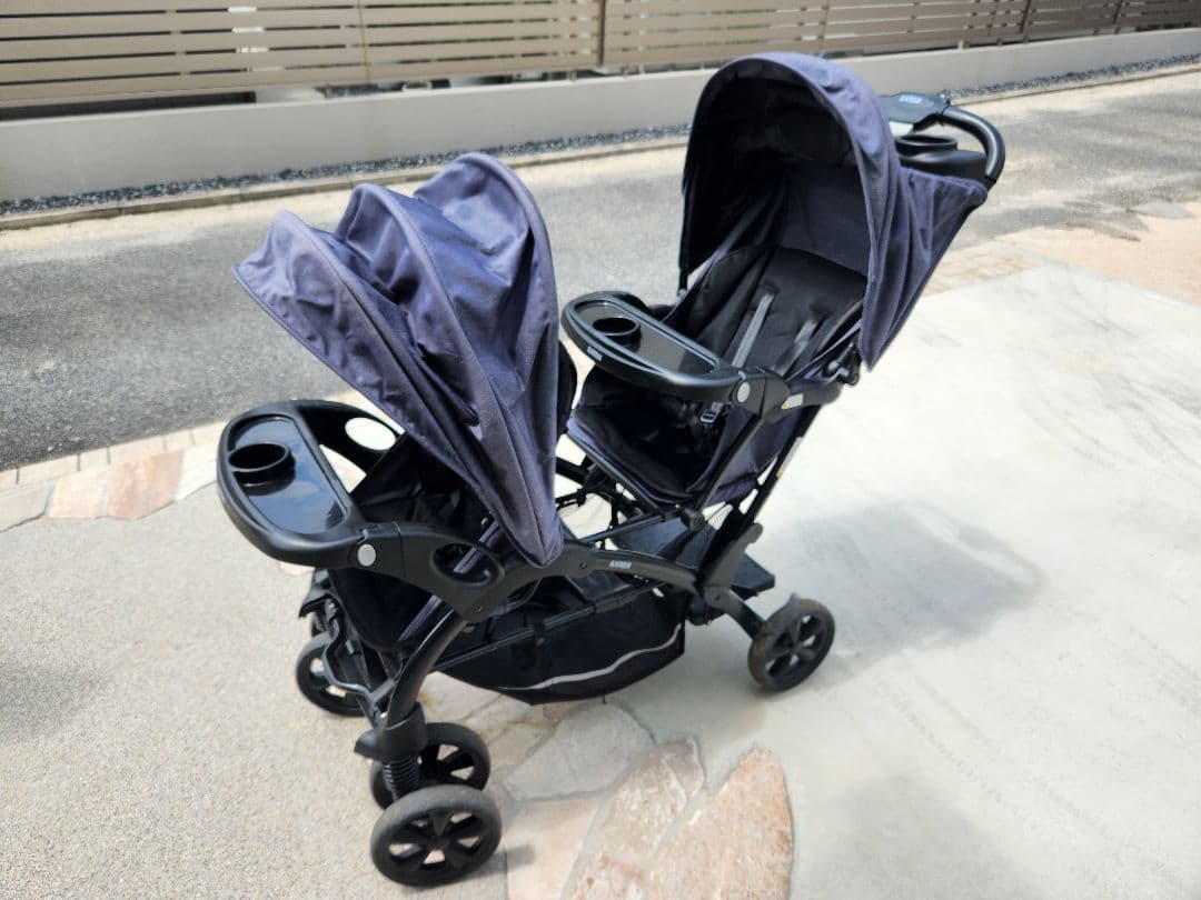 ダブルベビーカー ネイビー カップホルダー付き