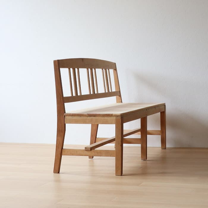 アンティーク 無垢材 背付きベンチ 古家具 無塗装 長椅子 木製