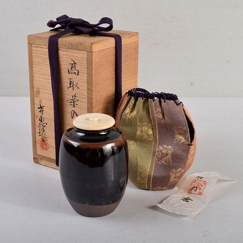 茶道具　高取焼　高取喜恵造　茶入　仕覆付　共箱　V　8889