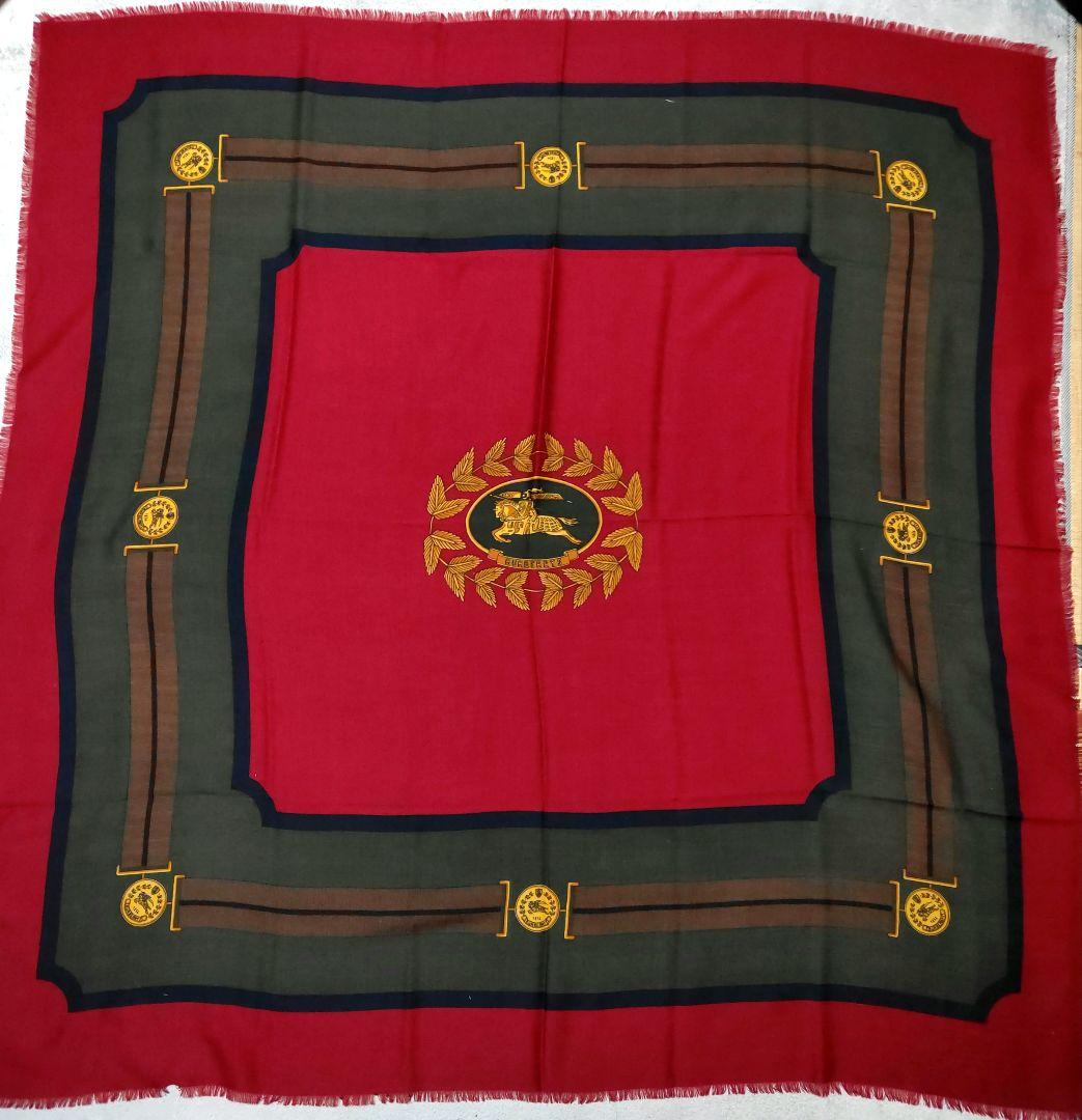 BURBERRYS 美品ウール大判ストール 赤色 ロゴ刺繍 フリンジ付き