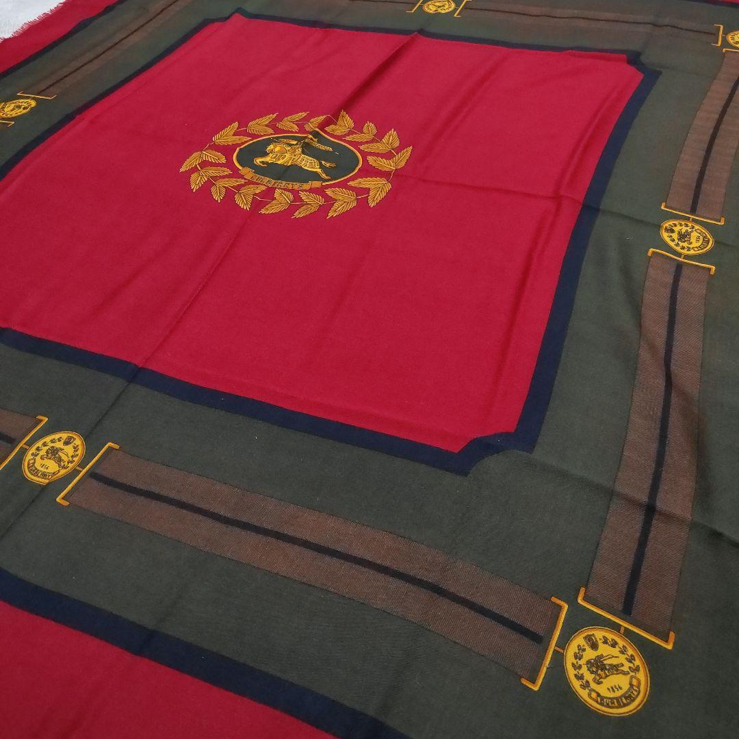 BURBERRYS 美品ウール大判ストール 赤色 ロゴ刺繍 フリンジ付き