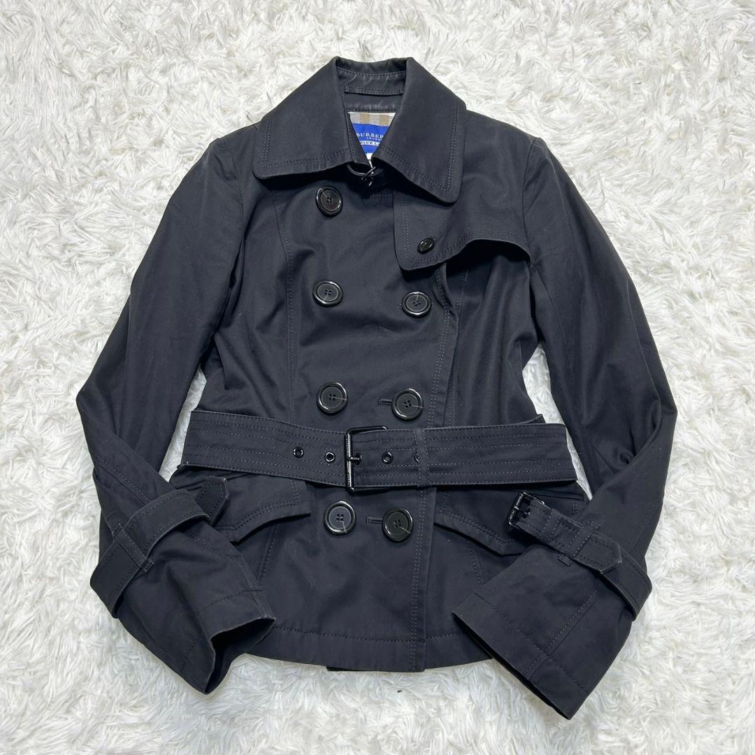 【美品】バーバリー ショートトレンチコート メガチェック ベルト付き 黒 36