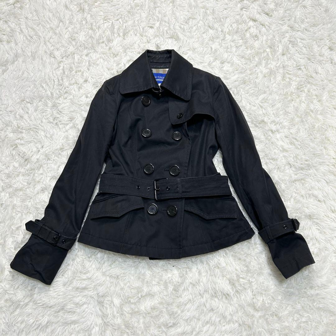 【美品】バーバリー ショートトレンチコート メガチェック ベルト付き 黒 36