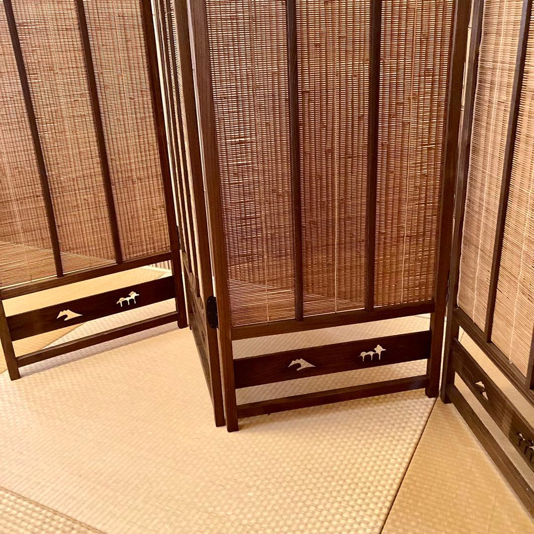 レトロ 和風 和室 屏風 4連パーテーション 骨董 透かし彫り 富士