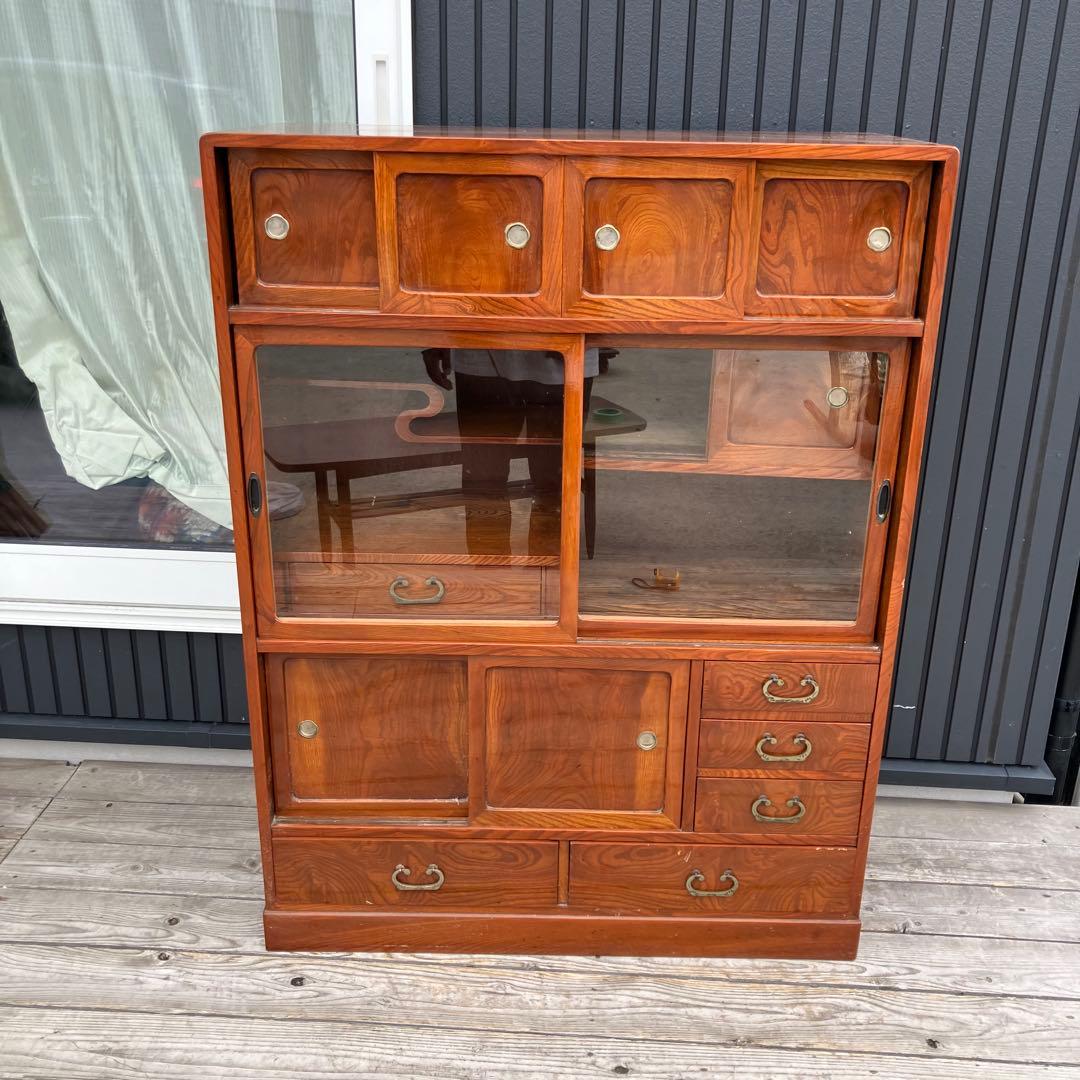昭和レトロ 無垢材 茶棚 茶箪笥 ガラス戸 サイドボード 古家具 古民家 古道具