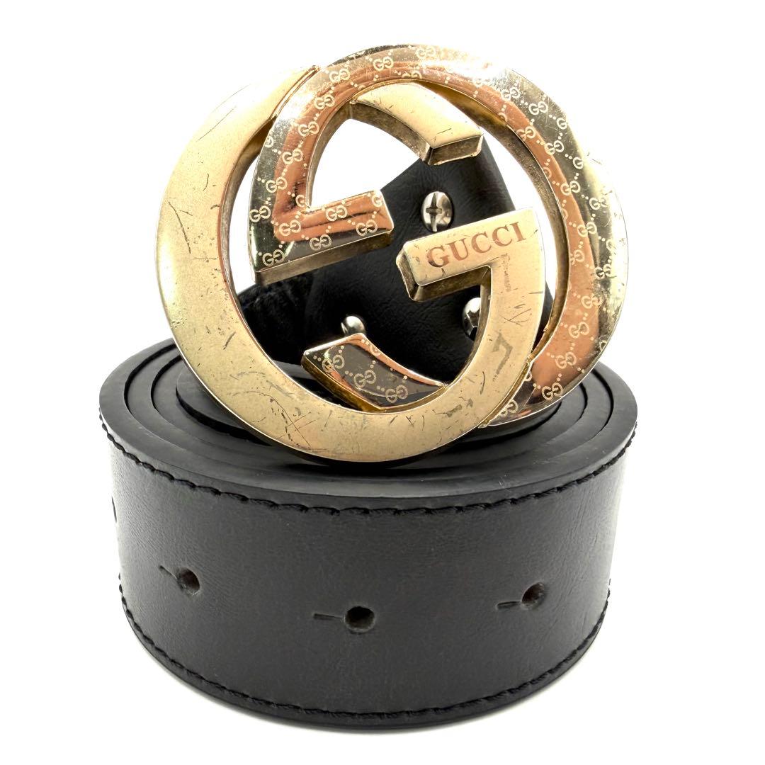 GUCCI ベルト 黒 インターロッキング ゴールド金具 ダブルG GG柄 ロゴ