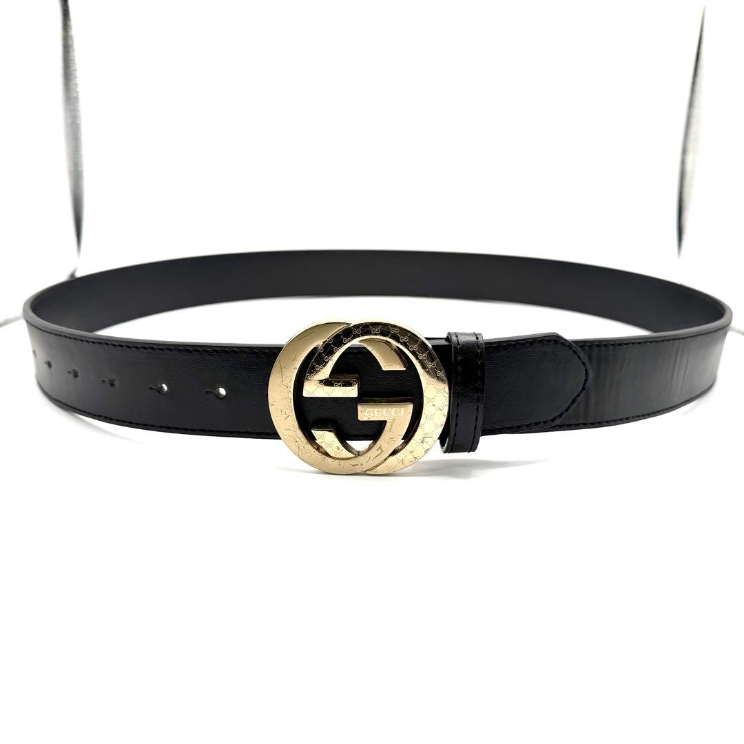 GUCCI ベルト 黒 インターロッキング ゴールド金具 ダブルG GG柄 ロゴ