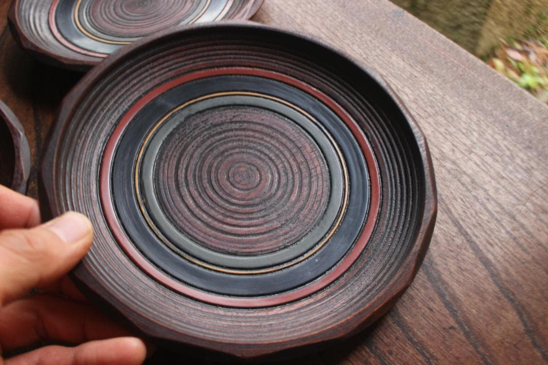 村瀬治兵衛作！極上刳り貫き地に風情ある独楽塗の美しいお皿5点（検京塗銘々皿菓子皿