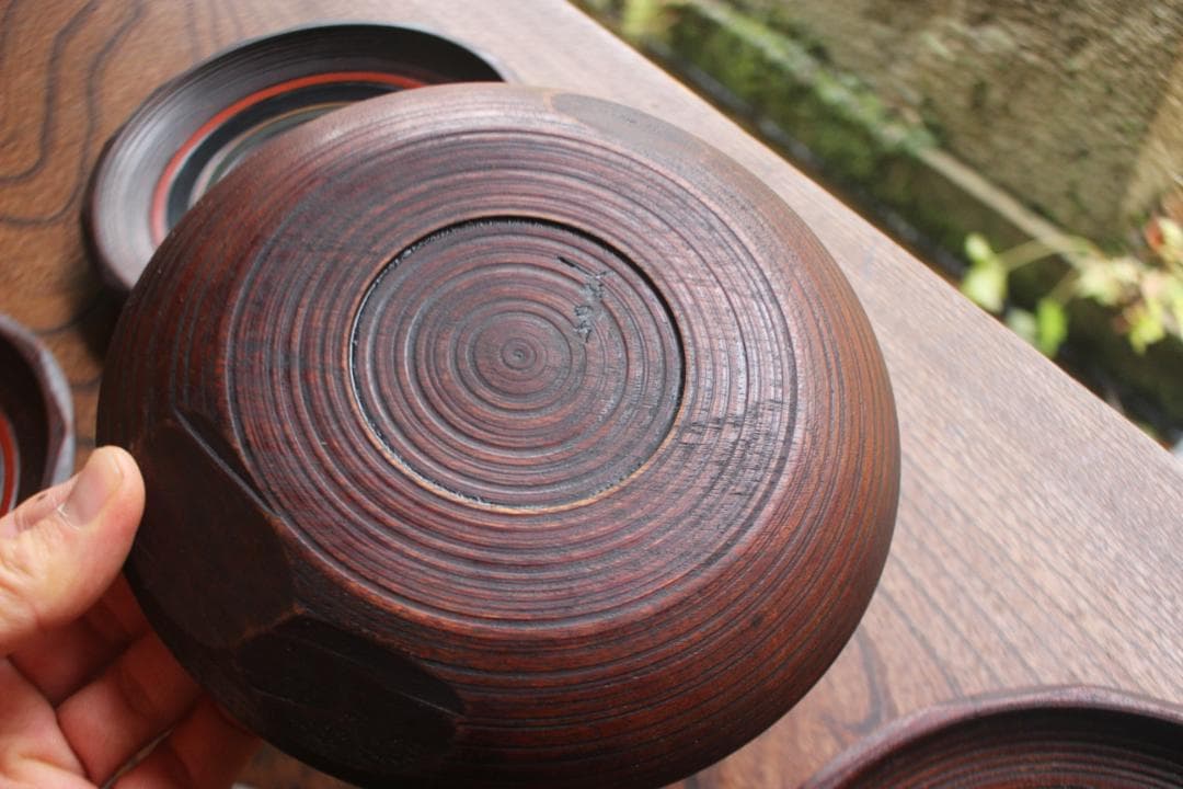 村瀬治兵衛作！極上刳り貫き地に風情ある独楽塗の美しいお皿5点（検京塗銘々皿菓子皿