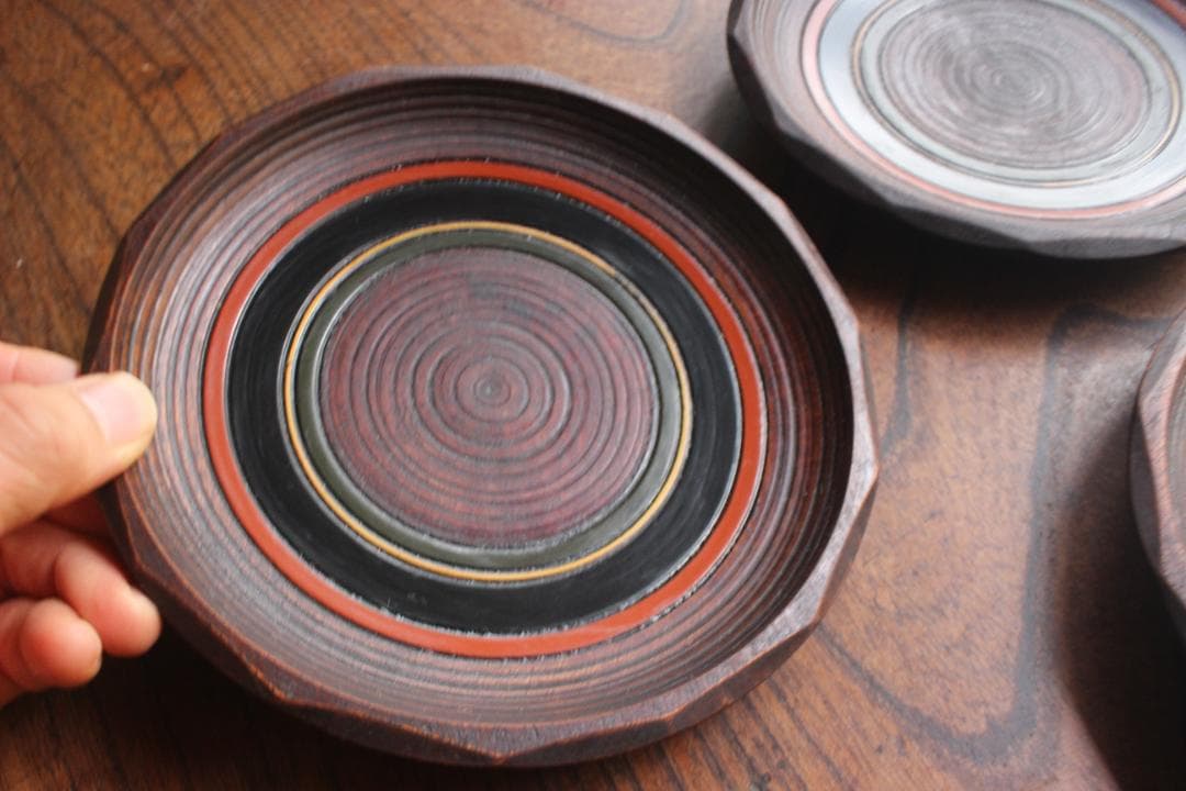 村瀬治兵衛作！極上刳り貫き地に風情ある独楽塗の美しいお皿5点（検京塗銘々皿菓子皿