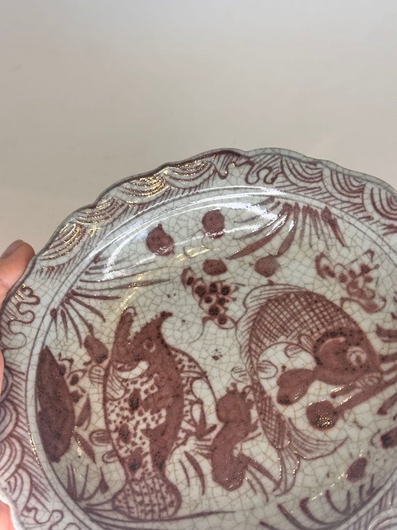 明代　釉裏紅　双魚文　葵口盤　開片　「天」字底款　年代物　古陶磁