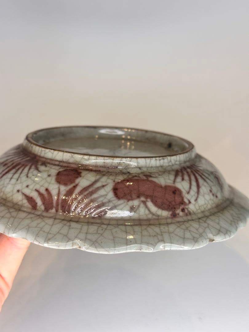 明代　釉裏紅　双魚文　葵口盤　開片　「天」字底款　年代物　古陶磁