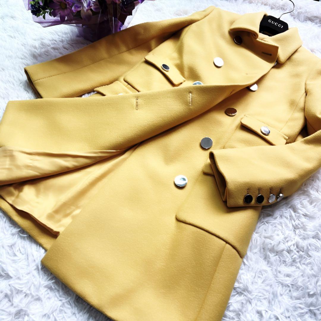 美品　GUCCIグッチ　ウール　ダブルブレスト　コート　イエロー　シルバー　ロゴ