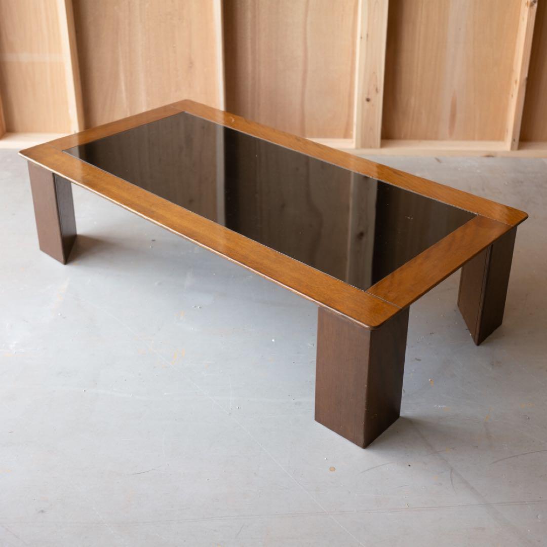 ナラ材　ブラウン色 センターテーブル ガラス天板