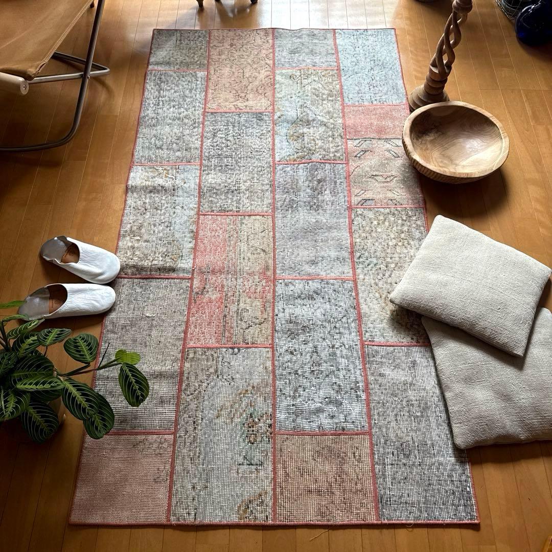 95×175 コーラルピンクパッチワークラグ　トルコヴィンテージラグ