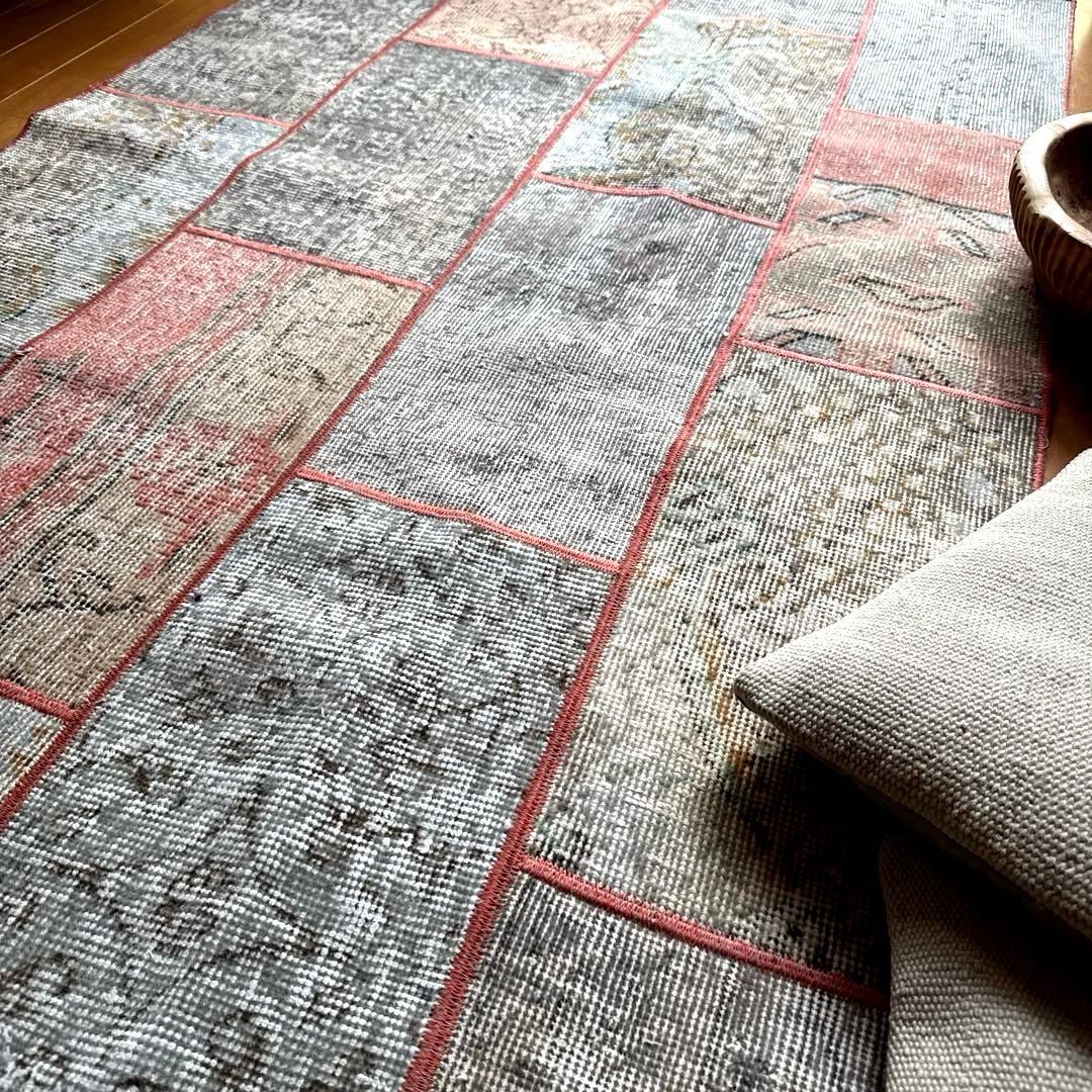 95×175 コーラルピンクパッチワークラグ　トルコヴィンテージラグ