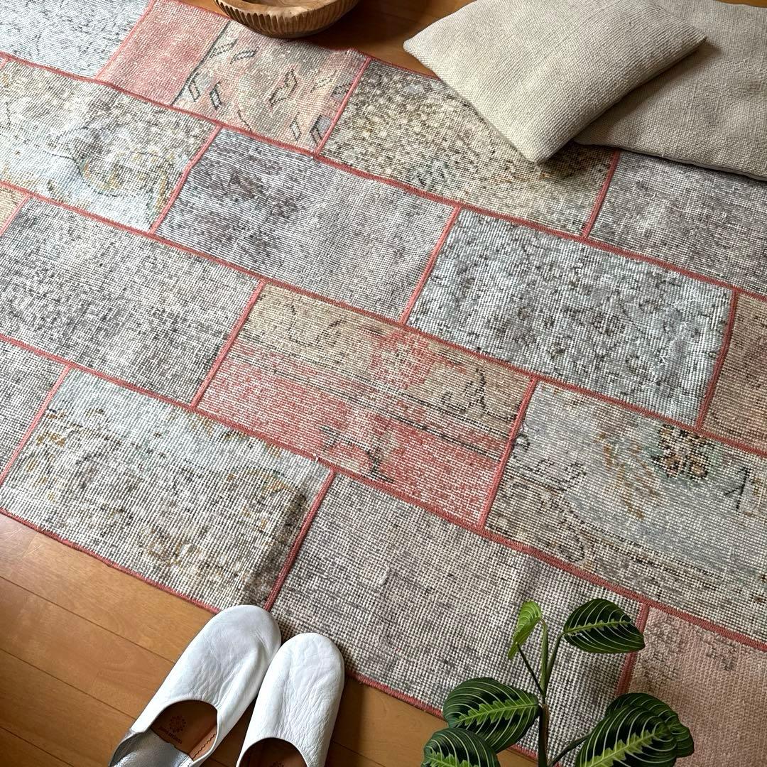 95×175 コーラルピンクパッチワークラグ　トルコヴィンテージラグ