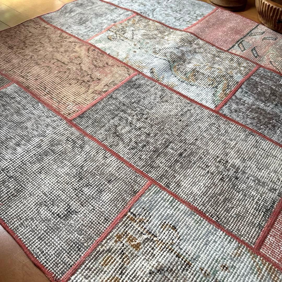 95×175 コーラルピンクパッチワークラグ　トルコヴィンテージラグ