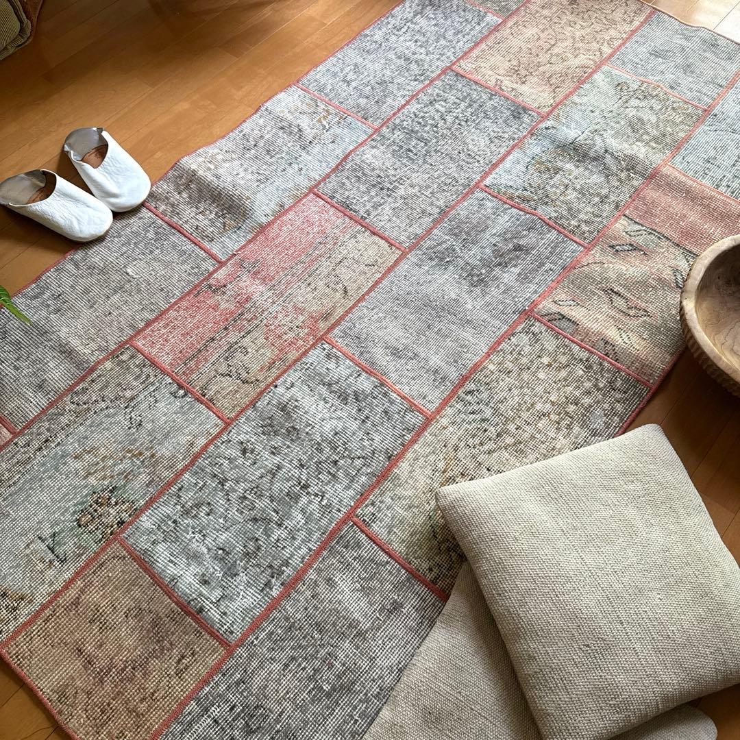 95×175 コーラルピンクパッチワークラグ　トルコヴィンテージラグ