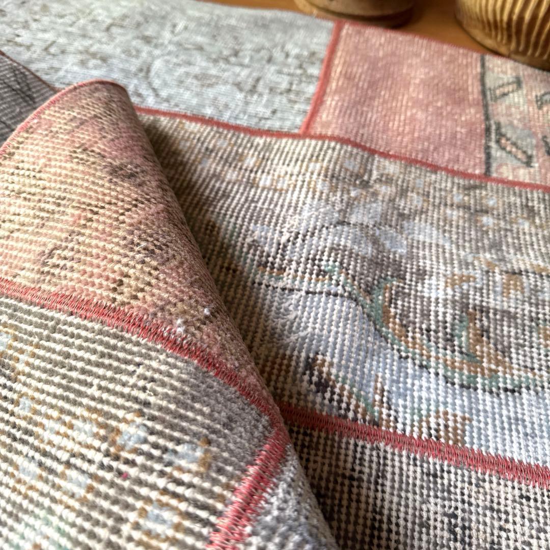 95×175 コーラルピンクパッチワークラグ　トルコヴィンテージラグ