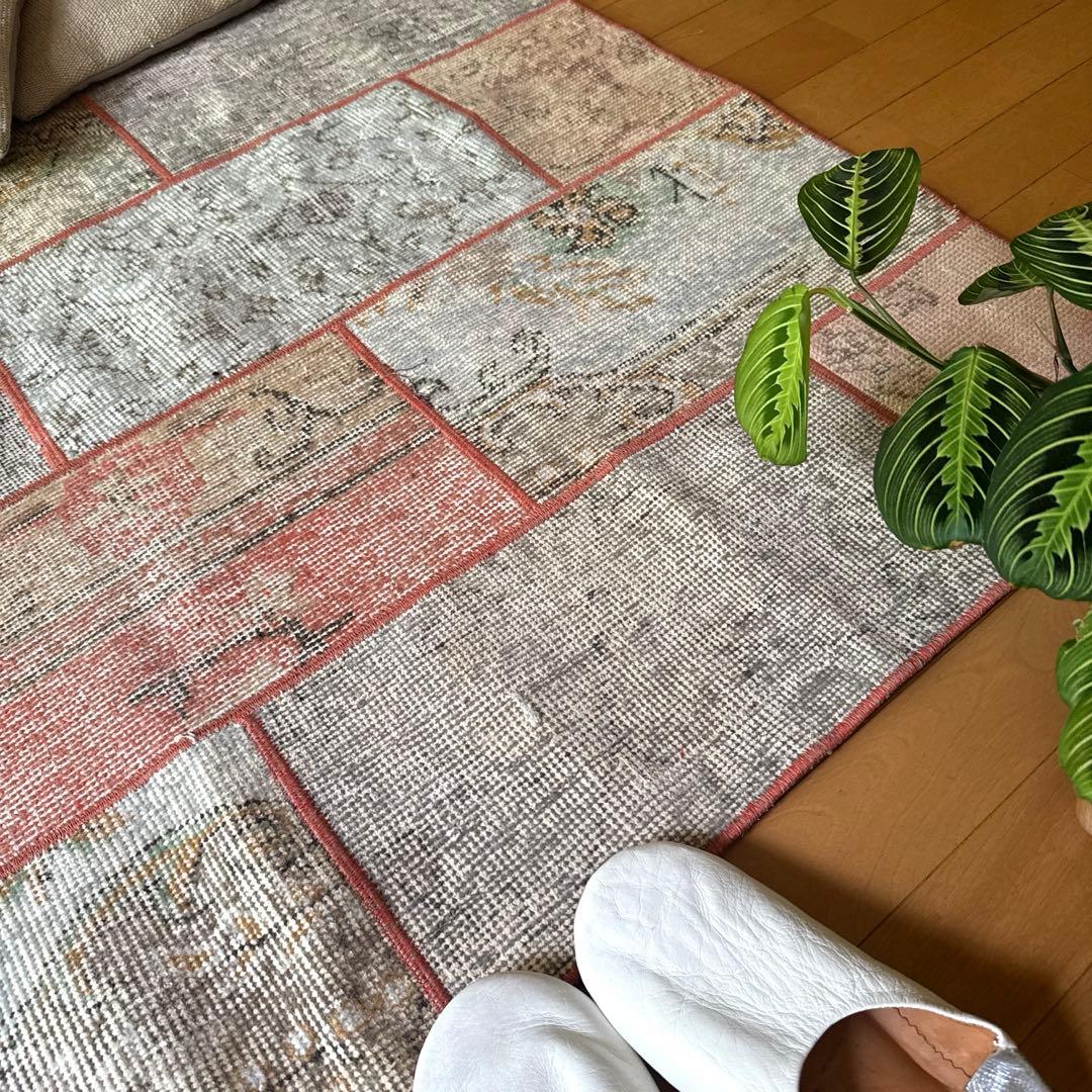 95×175 コーラルピンクパッチワークラグ　トルコヴィンテージラグ