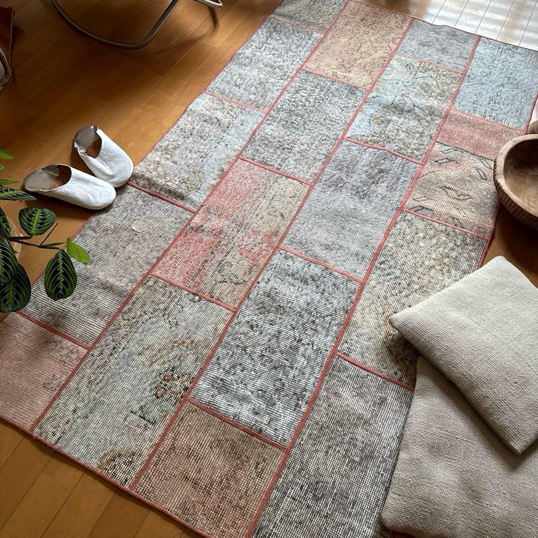 95×175 コーラルピンクパッチワークラグ　トルコヴィンテージラグ