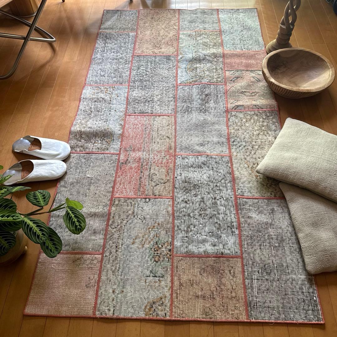 95×175 コーラルピンクパッチワークラグ　トルコヴィンテージラグ