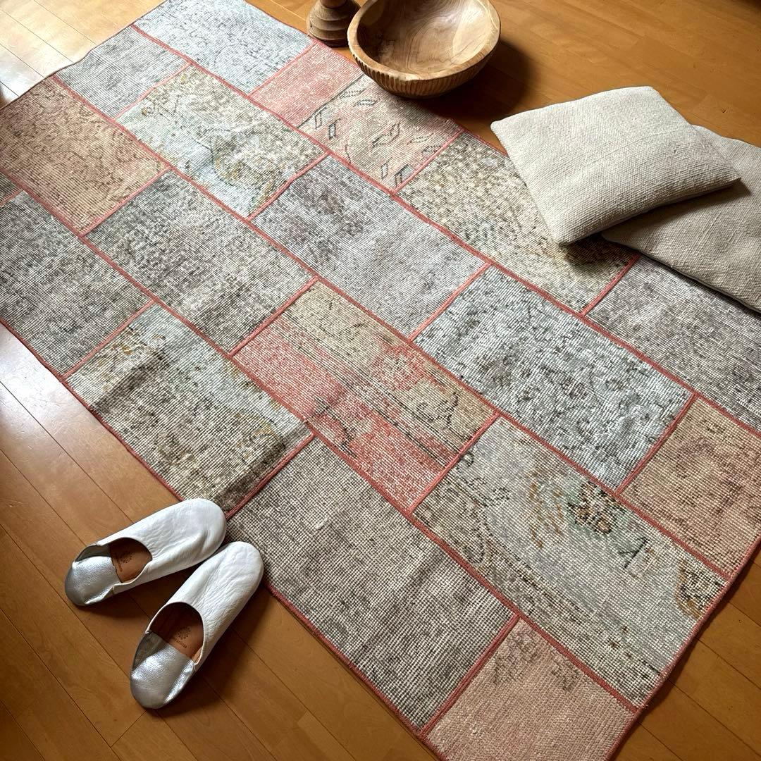 95×175 コーラルピンクパッチワークラグ　トルコヴィンテージラグ